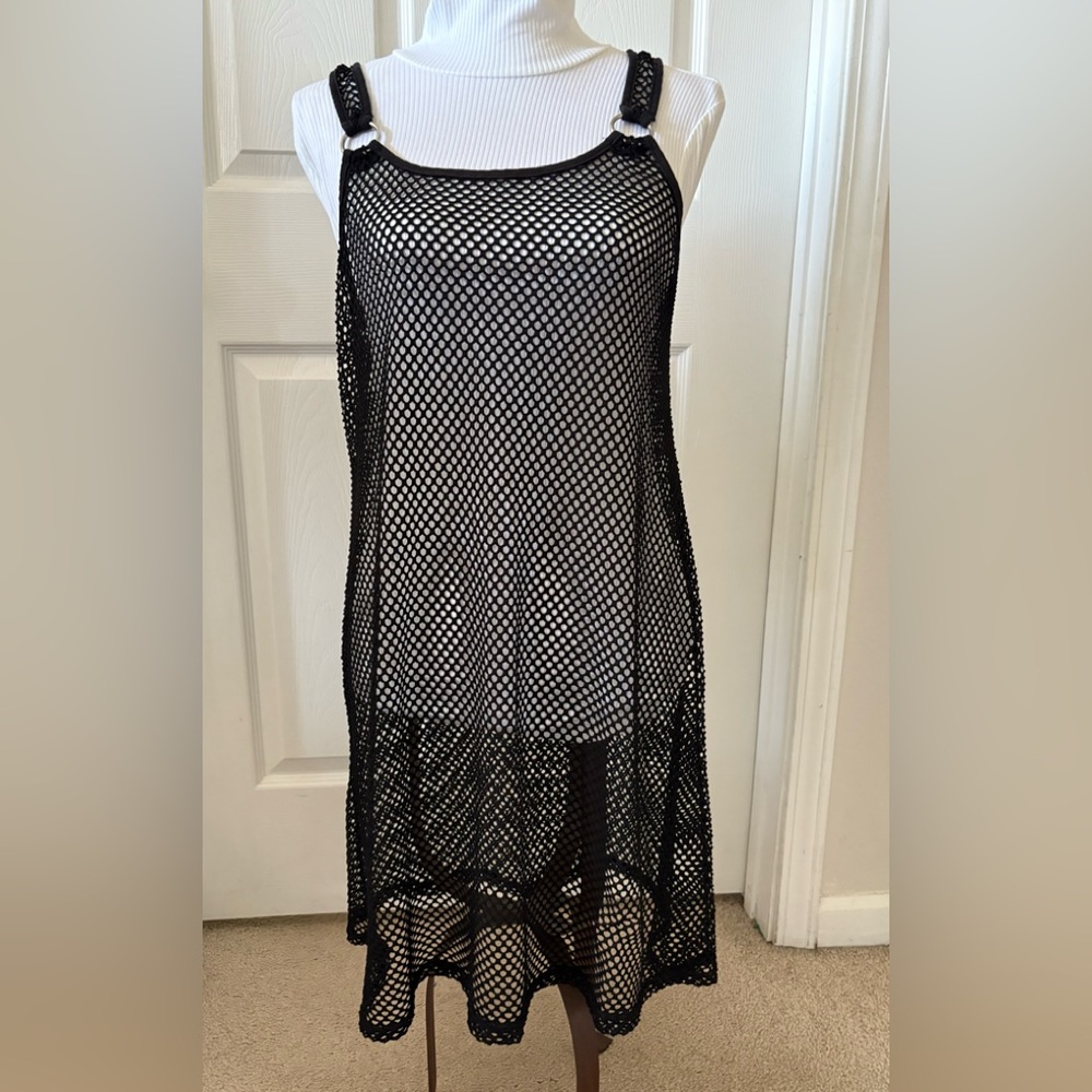 Black FishNet LBD Mesh Crochet Knit Tank Mini Dress Beach Coverup Silver Ring XL